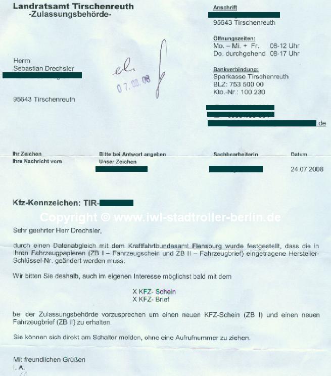 Das Schreiben von der Zulassungsstelle